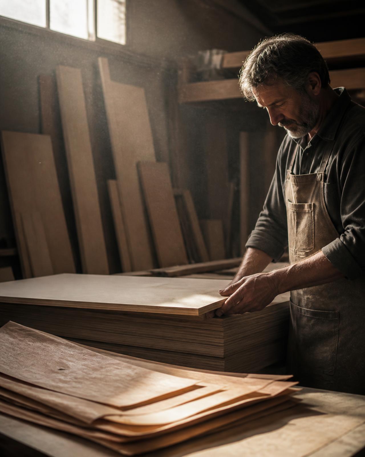 A craftsman checking the edge of a plywood sheet in a timber workshop